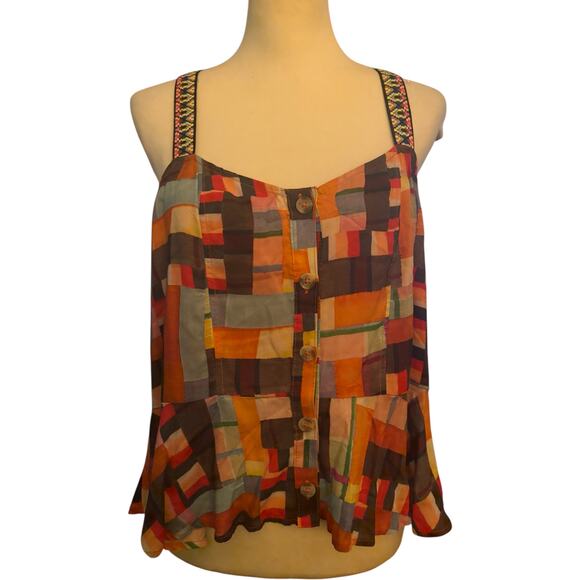 Anthropologie Pilcro Patchwork Abstract Button-Front Peplum Tank Top, Medium - Picture 1 of 4